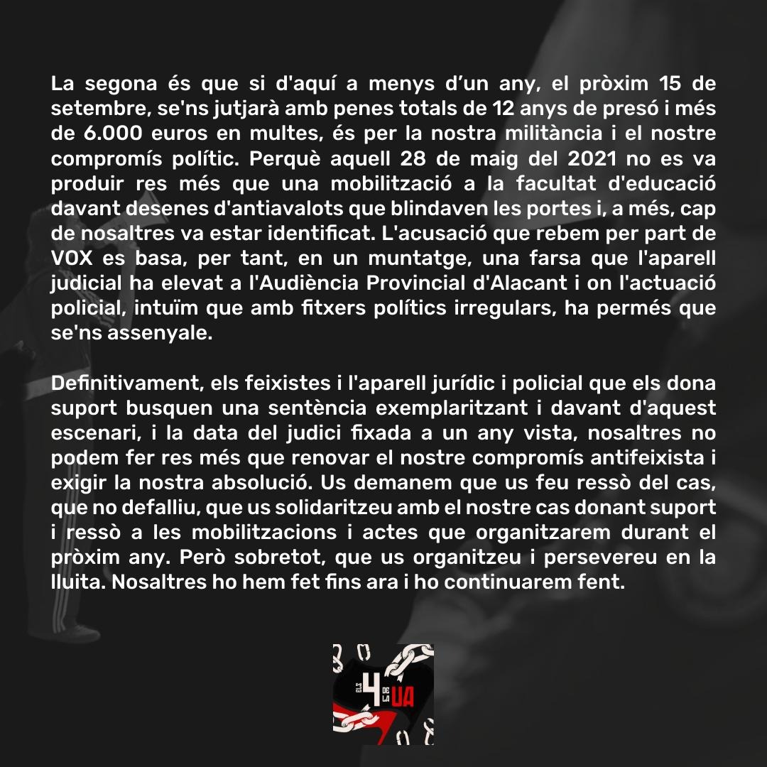 DATA DE JUÍ PER ALS 4 DE LA UA

El 28 de maig de 2021 vam respondre a la presència de la ultradreta a la facultat d'Educació de la Universitat d'Alacant per un acte amb agenda espanyolista i reaccionària Entre d'altres, estava la aleshores diputada per Vox Macarena Olona