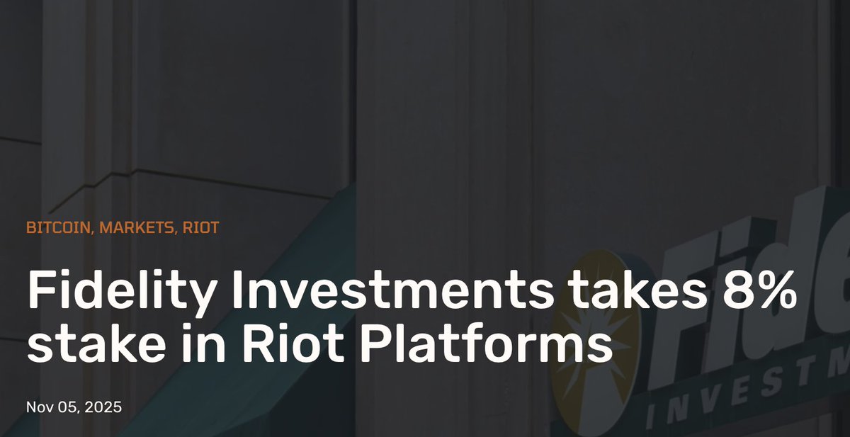 blockspace's tweet photo. Investment giant Fidelity–with some $6.4 trillion assets under management as of June 2025–has disclosed an 8% stake in Texas-based bitcoin miner Riot Platforms (Nasdaq: RIOT), according to SEC filings.

Fidelity held shares in Riot prior to the filing date of September 29th in quantities under the 5% report threshold, per earlier SEC filings.

Riot recently announced a Q3 revenue record of $180.2 million, producing 1,406 BTC over the quarter. It also kicked off its development of 112 megawatts (MW) for AI/HPC loads at its Corsicana facility. Riot reported $180.2 million in revenue for Q3 2025, up more than double from $84.8 million during the same period in 2024.

$RIOT @RiotPlatforms