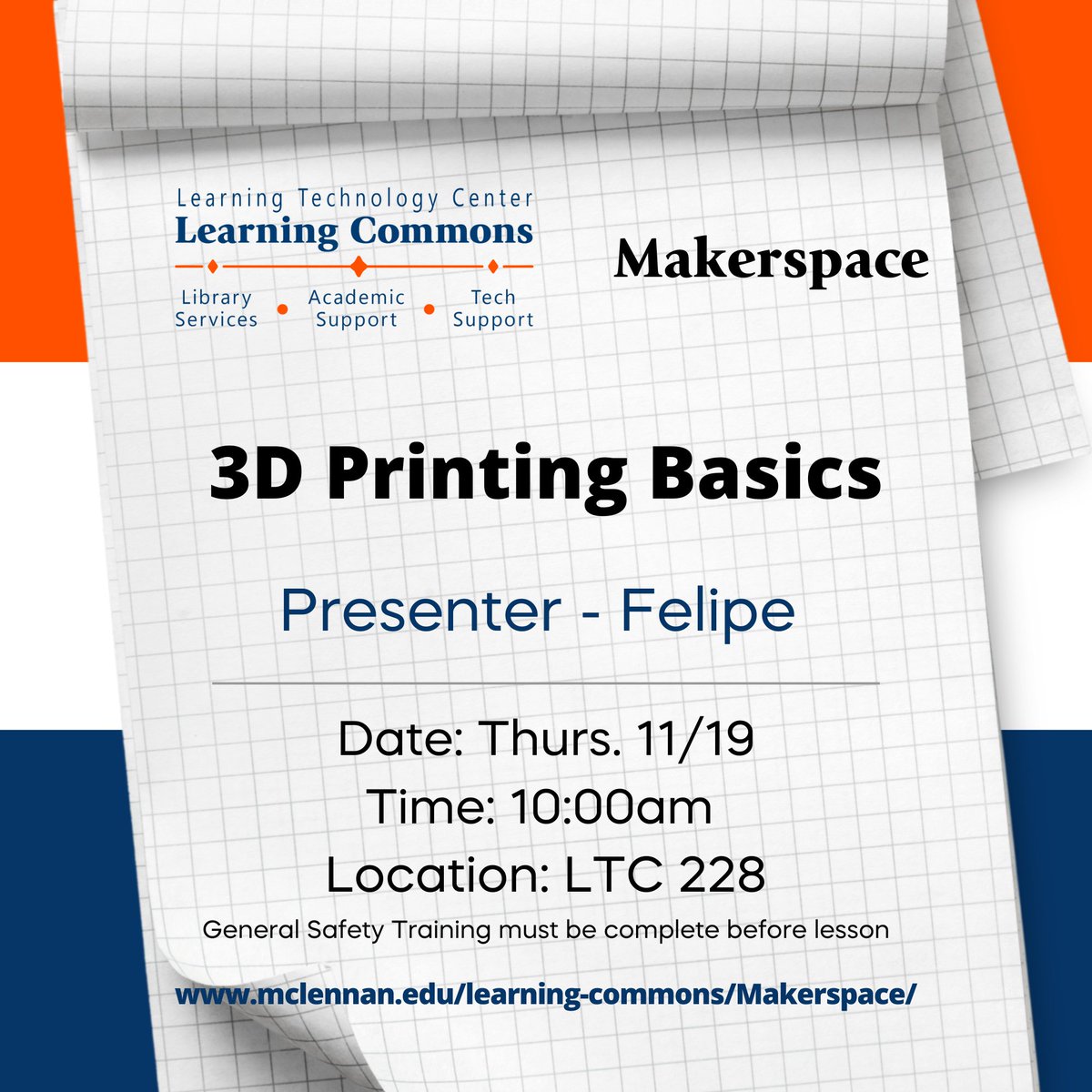 MCC_Lib's tweet image. 🔧 Join our 3D Printer Intro Lesson! 🖨️ Learn the basics of design &amp;amp; printing. Note: General Safety Training must be completed first. ✅ #LearnCreate #McLennanCommunityCollege #MCCLibWaco #MCCLearningCommons #CreativeMCC #Makerspace