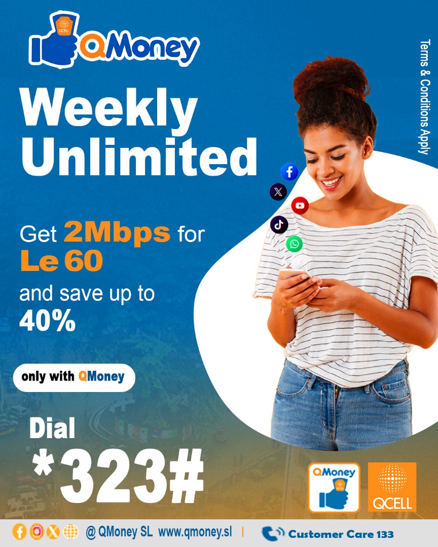 QcellSL's tweet image. Worry no more 💪🏾 QMoney has got you covered with the Weekly Unlimited package that keeps you connected throughout the week 😉 
Get 2Mbps for ONLY Le 60 — that’s right, just Le 60!
And here’s the best part — you can save up to 40% with QMoney 😎
#QMoneySL
#Kipamnaufone
#Savemore