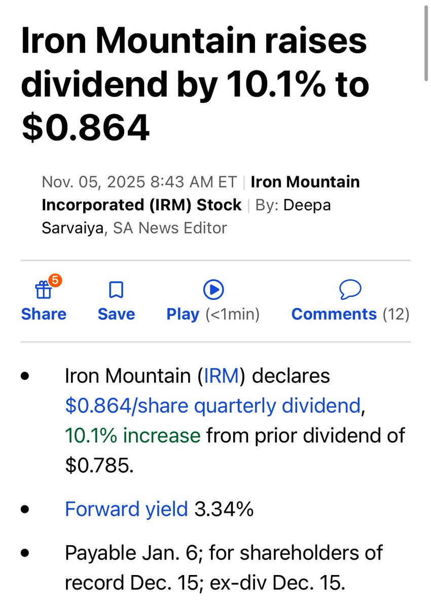 ComunInversion's tweet image. Iron Mountain nos sube el dividendo un 10%

Por segunda vez este año!

$IRM