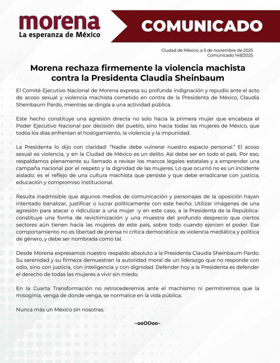 Repruebo totalmente el acto de acoso y agresión del que fue víctima nuestra Presidenta Claudia Sheinbaum Pardo.

Mi respaldo absoluto a la presidenta y a todas las mujeres que día a día defienden su derecho a vivir libres y sin miedo.

#CeroToleranciaALaViolencia