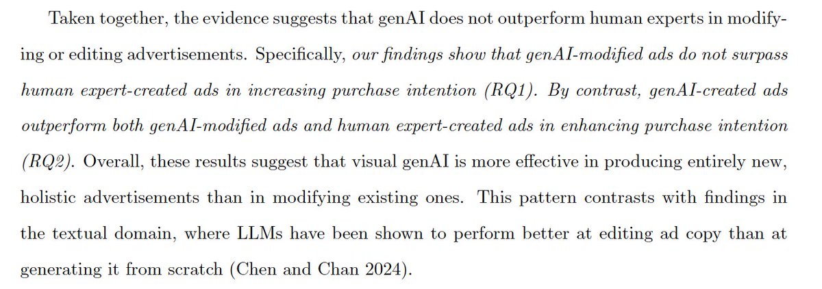 chanceriley_'s tweet image. Very interesting study on genAI creative effectiveness.
AI created ads &amp;gt; human created ads &amp;gt; AI modified ads

Theory is that giving AI full creative freedom was the driver of better performance vs. limiting it to just modifications, which underperformed. 🤔