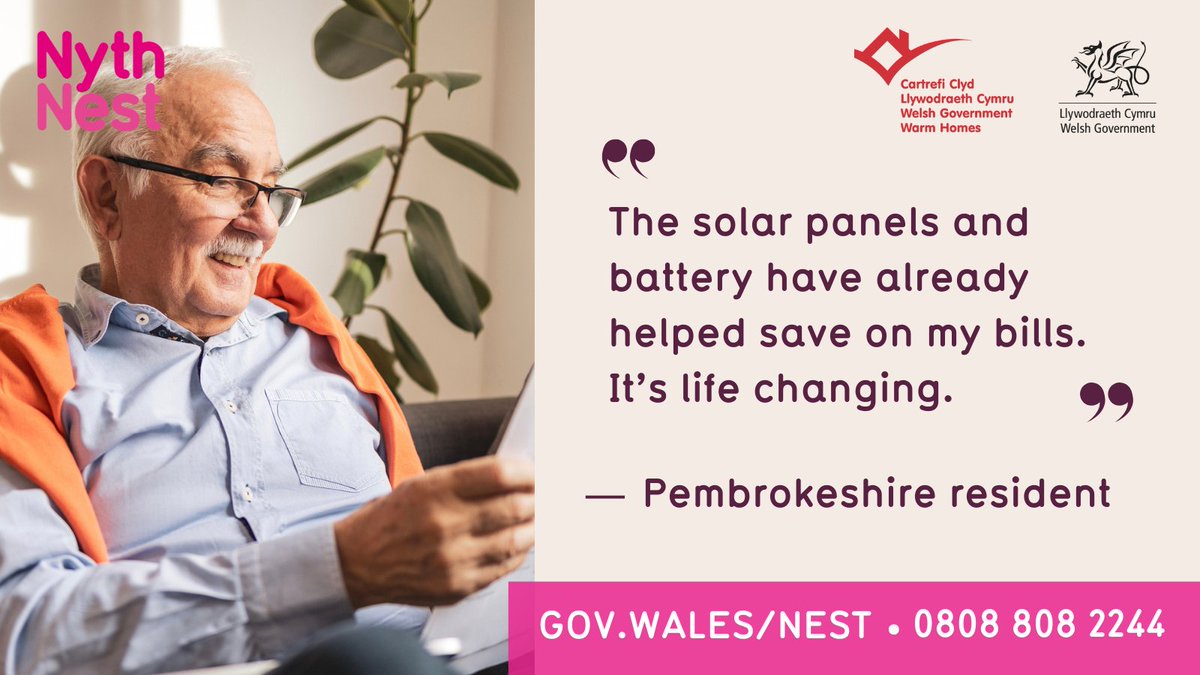 A Pembrokeshire household will save £825 on their energy bills with help from Nest. 
 
They had a new boiler, solar panels and battery installed to help reduce their bills and create a more sustainable living environment. 
 
Check if you’re eligible today call 0808 808 2244.