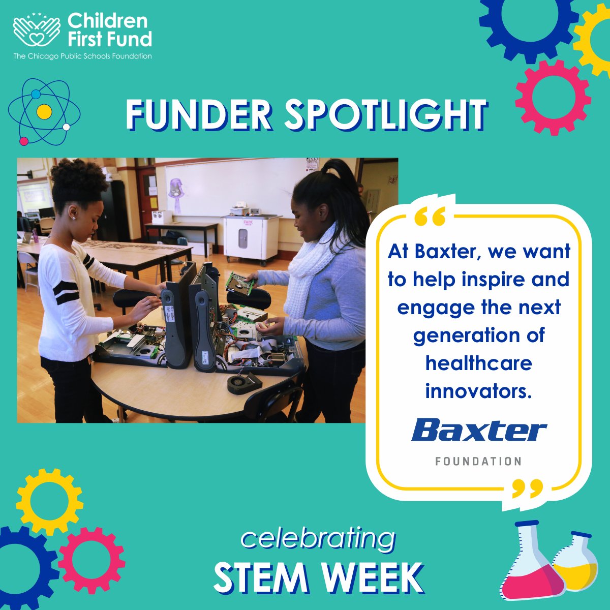 ChiFirstFund's tweet image. During #STEMWeek, we’re highlighting the incredible partnerships that bring hands‑on learning to @ChiPubSchools  students. Today, we’re proud to thank the Baxter Foundation&apos;s support of Lindblom Math &amp;amp; Science Academy, helping expand hands-on STEM opportunities for Chicago’s…