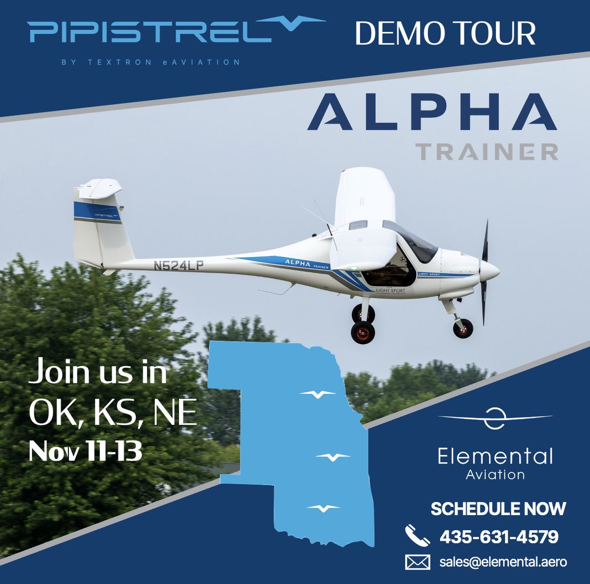 ElementalAvia's tweet image. The days are getting shorter, but now is the perfect time to #fall in love with the @pipistrelEU Alpha Trainer! Join us in the #heartland Nov 11-13 for the next stops in our Fall Demo Tour - OK, KS, &amp;amp; NE. Call 435-631-4579 to schedule your #pipistrel Alpha Trainer demo today!