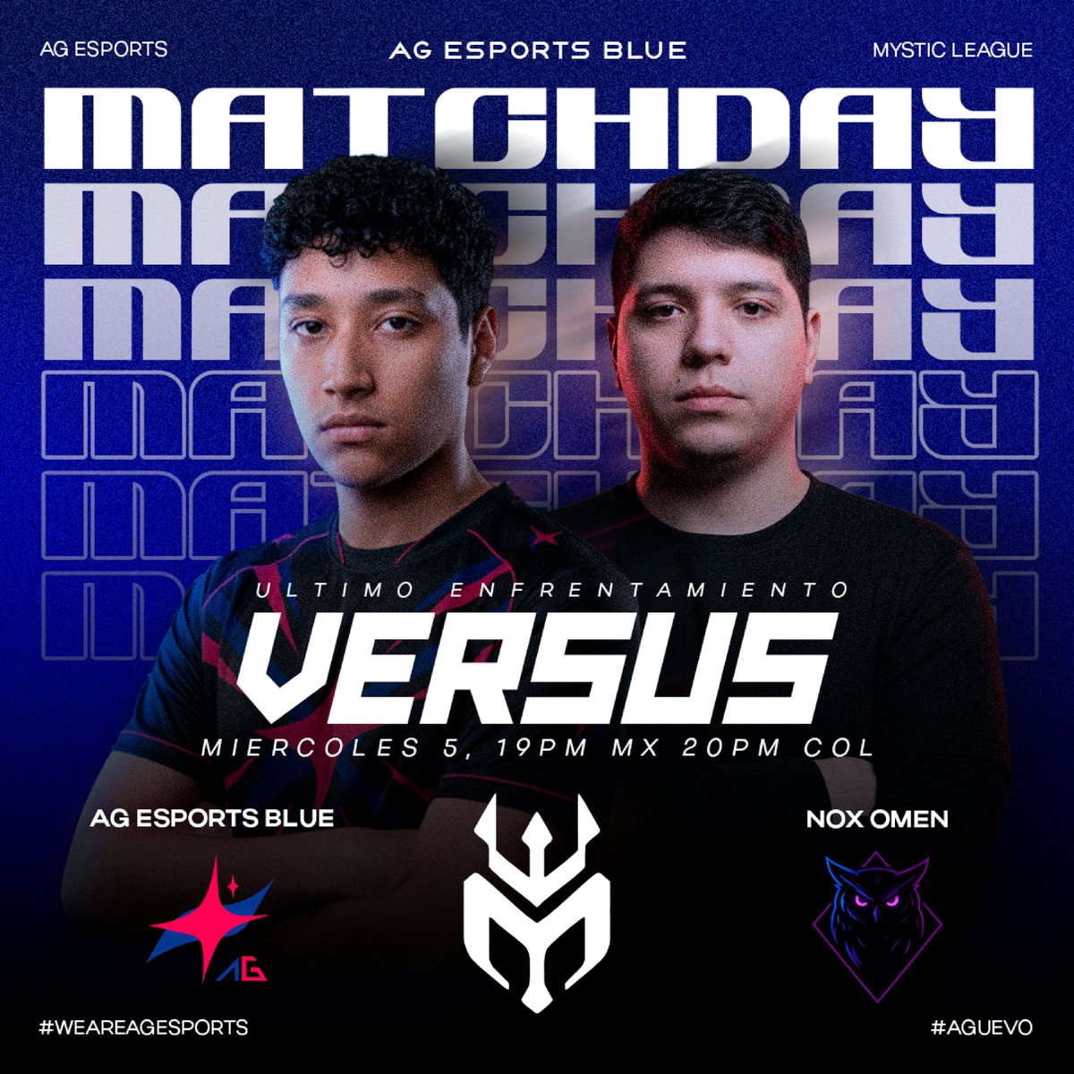 ¡Nuevo y último enfrentamiento en la Mystic League <a href="/MysticLatam/">Mystic League</a>! Nuestro contricante el día de hoy será <a href="/NoxOmen/">NoxOmen</a> 

𝐌𝐚𝐭𝐜𝐡𝐃𝐚𝐲
🆚Nox Omen
⏰Miércoles 5, 19PM 🇲🇽 20PM 🇨🇴
⚔️Best of 3 | BO3
🖥️twitch.tv/xcuervito

¡Vamos con todos chicos! 
#AGuevo #Esports #LeagueOfLegends