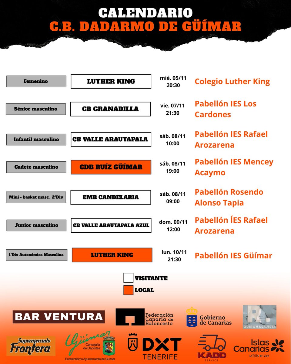 📅 Semana llena de basket para el C.B. Dadarmo de Güímar 🔥
Nuestros equipos afrontan nuevos retos en todas las categorías 💪
¡Vamos a por todas! 🧡🖤
#CBDadarmo #Baloncesto #Güímar #Vamosdadarmo