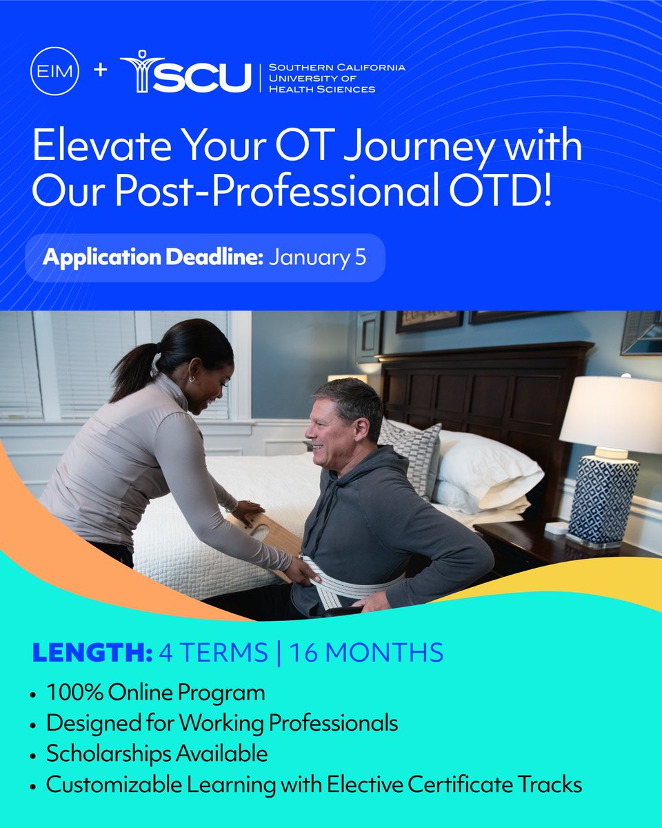 Start your path to teaching and leadership in occupational therapy. 🚀 Applications are open for the Post-Professional Doctor of Occupational Therapy (PPOTD) program at Southern California University of Health Sciences (SCU).

Apply by January 5: bit.ly/4hh7kSl