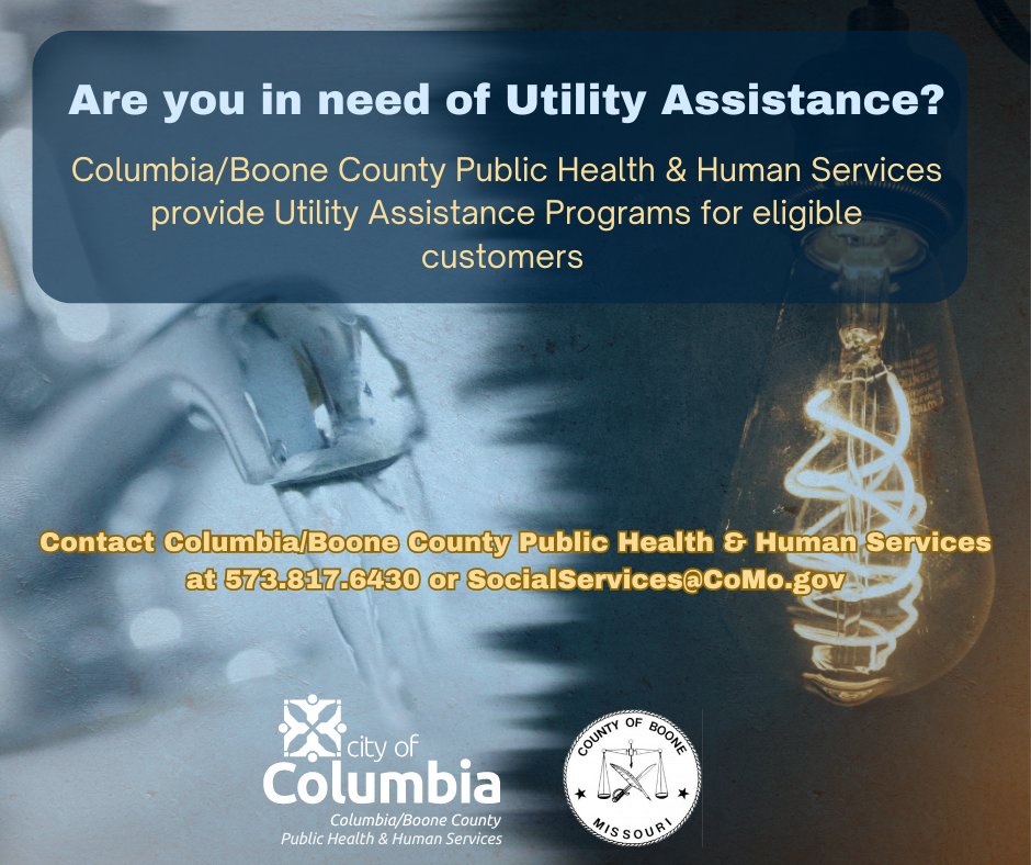 Columbia/Boone County Public Health &amp; Human Services offers the Utility Assistance Program for eligible electric and water customers.
For more information call 573.817.6430 or visit CoMo.gov/health/human-s…