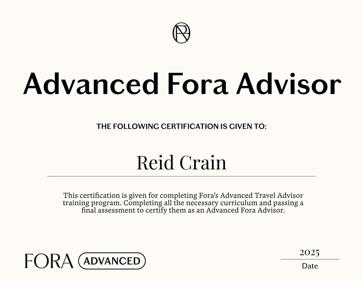 Rsquared38's tweet image. Excited to announce that I have achieved Advanced certification as a Fora Travel Advisor!! A huge thank you to my clients who have trusted me to plan personalized itineraries for them already!
📧 :: reid.crain@fora.travel
📱:: 205.394.0313
💻:: foratravel.com/advisor/reid-c…