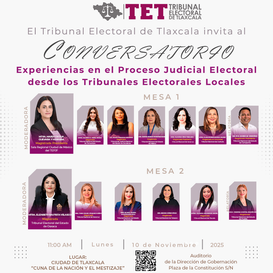 ⚖️ Las Magistradas del Tribunal Electoral de Tlaxcala, Claudia Salvador Angel y Esther Terova Cote, te invitan al Conversatorio “Experiencias en el Proceso Judicial Electoral desde los Tribunales Electorales Locales”.
Transmisión #EnVivo por #YouTube

<a href="/BlancaHdzR/">Blanca Hernández Rojas</a> 
<a href="/FranJAcOrdonez/">Francisco Javier</a>