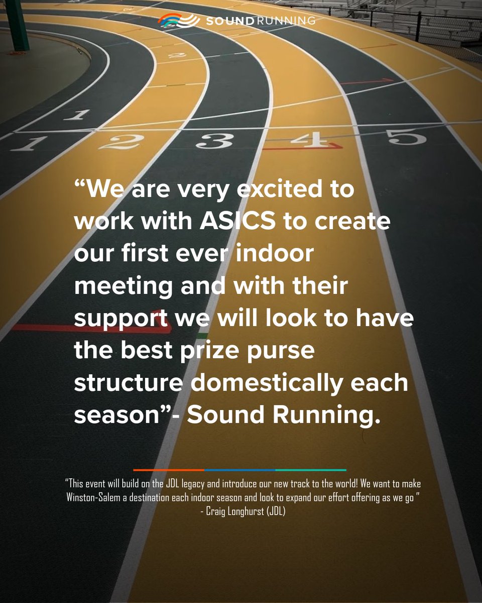 Sound Running is going indoors February 14, 2026!!

Introducing the ASICS Sound Invite…..

✔️ Biggest Prize Purse domestically (indoors)
✔️ Brand New JDL @mondosportusa Track
✔️ @wavelightrunning for all races 
✔️ Mondo post race party
✔️ ASICS Sunday long run open to all