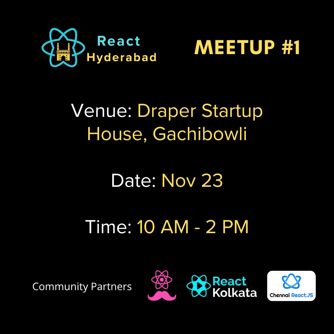 Hey devs! Something very close to my heart is happening this November — and I need your support!

⚛️ <a href="/React_Hyderabad/">React Hyderabad</a>'s First-Ever In-Person Meetup is here!

📅 23rd Nov | 10 AM – 2 PM📍 Draper Startup House, Gachibowli

🎟️ RSVP → luma.com/qc27d0u3