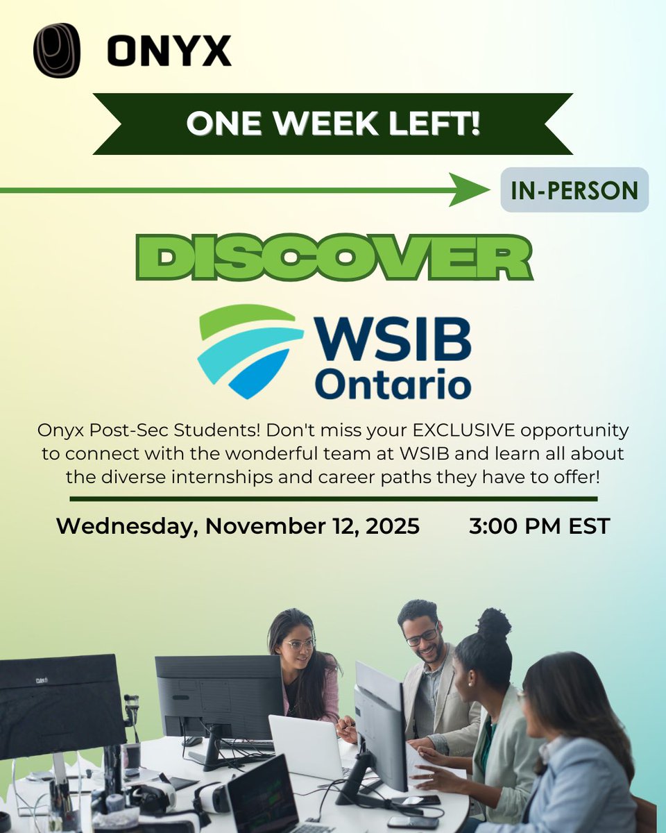 It’s #WhatsUpWednesday, Scholars! We’re ONE WEEK away from Discover WSIB, an in-person event in Toronto on Nov 12 at 3 PM EST. Learn about careers, connect with WSIB professionals, &amp; explore how they’re building safer workplaces. Register now via the Onyx Event Hub!