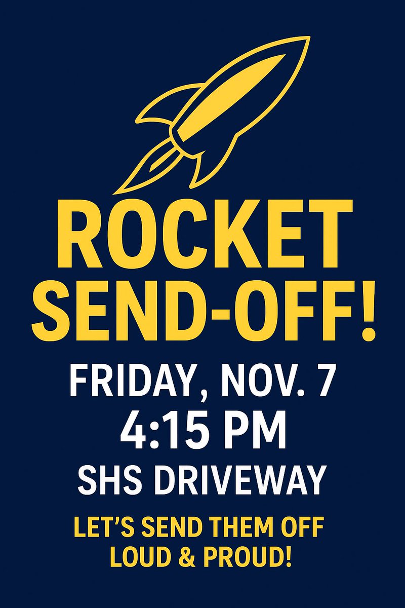 🚀 ROCKET SEND-OFF! 🚀
Join us Friday at 4:15 PM along the SHS driveway to cheer on our team as they head to Berkshire to face Lake Catholic!

Let’s send them off loud and proud, Rocket Nation! 💙💛
#GoRockets #RocketPride #RocketNation