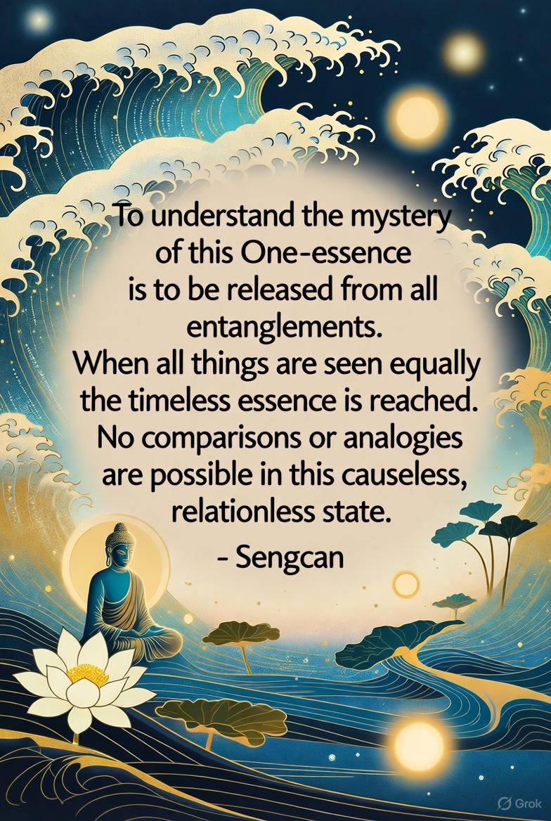 CallsToMind's tweet photo. To understand the mystery of this One-essence is to be released from all entanglements.
When all things are seen equally
the timeless essence is reached.
No comparisons or analogies are possible in this causeless, relationless state.
- Sengcan
#sunyata #middleway #middlepath #enlightenment #awakening #mushin #spiritualawakening #dual #nondual #consciousness #zen #oneness #spiritualawareness #spiritualbliss #spiritual #mindfulness #chan #sengcan #sengtsan #buddhistwisdom #buddhasteachings #spiritualjourney #duality #dualism #spiritualwisdom #nonduality #nirvana #buddhism #dualities #nondualism #enlightenmentpath #emptiness #insightmeditation #vipassana #enlightenmentjourney #satori #meditation #kensho #relativity #callstomind