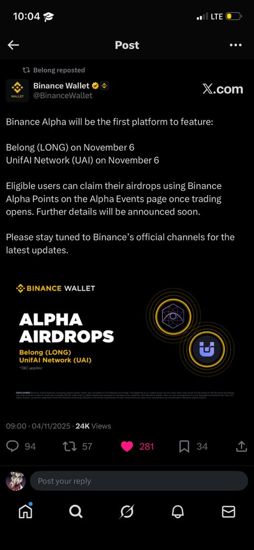 Exclusive 

Yay CT and <a href="/belongnet/">Belong</a> folks when you why I'm content today? Let's unpack it

Belongnet>> $LONG TGE is tomorrow on both GATE.OI and BINANCE ALPHA at 12:00 UTC GMT 

If you're elated like me please repeat after me. "BULLISH BELONGNET $LONG "

To see how bullish we're...