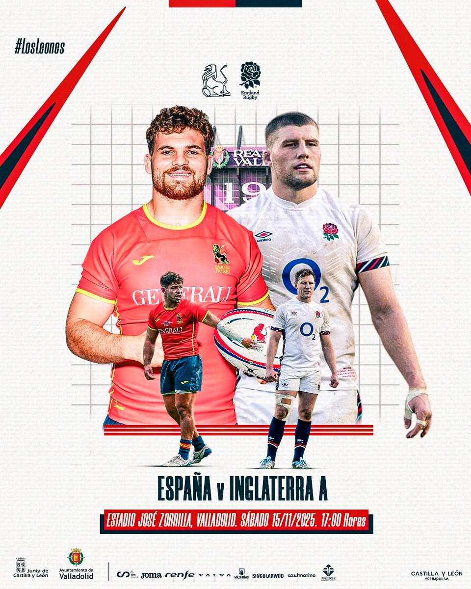 🏉 ¡Día de RUGBY en Valladolid!
🇪🇸 España vs Inglaterra 🏴󠁧󠁢󠁥󠁮󠁧󠁿
📍 Estadio José Zorrilla
🗓️ Sábado 15/11/2025 | 🕔 17:00 h

🎉 FAN ZONE de 12:00 a 00:00
Música, DJ, shows y el mejor ambiente 🍻🎶

🎟️ ¡No te quedes fuera!
Compra tus entradas y apoya a #LosLeones 💪
¡Vive una jornada