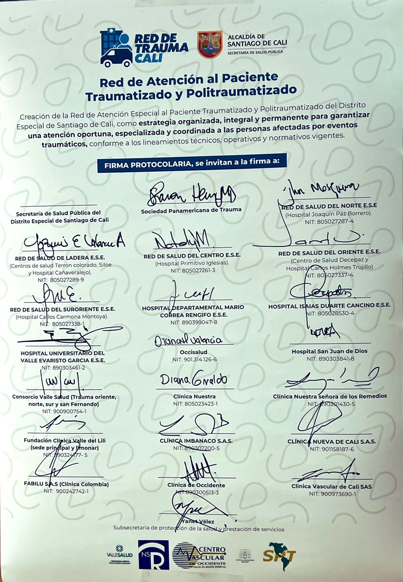 Panamtrauma's tweet image. ¡Officially! The District Trauma Network is now a reality in Cali Colombia. Timely, appropriate care — at the right place, at the right time. Team effort ! 
@Panamtrauma and @AlcaldiaDeCali @SaludCali
