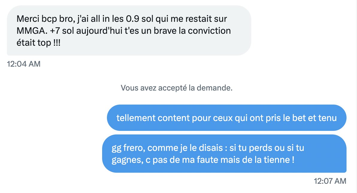 Ce qui est cool quand tu fais une thesis publique qui peut donner l'envie aux gens de rejoindre l'aventure, c'est que tu gagnes pas solo, mais en groupe

GG à tous les cracks qui ont su gérer d'eux même le trade $MMGA dans un marché difficile

Make memes great again