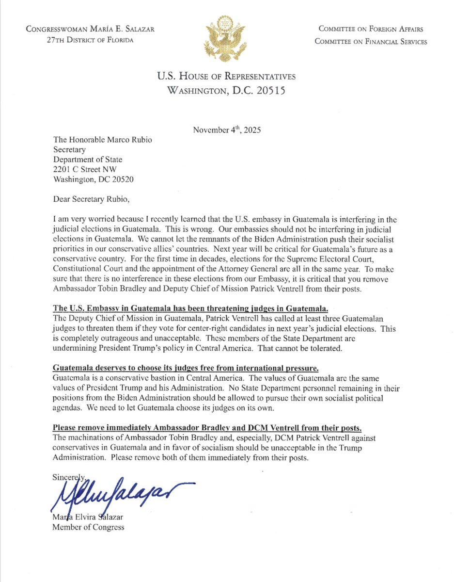 RepMariaSalazar's tweet image. I just sent a letter to @SecRubio after learning our U.S. Embassy may be threatening Guatemalan judges ahead of next year’s judicial elections.

That is wrong. The United States must defend democracy, not distort it.

Guatemala is one of the last conservative strongholds in…