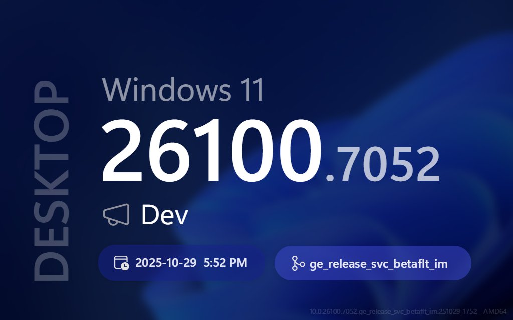 ProtoBuildBot's tweet image. 🔄 🖥  New DESKTOP update! 💍 Dev (AMD64)

➡️ Title:
Windows 11 Insider Preview Feature Update (26220.7052)

📣 Build Lab Extended:
10.0.26100.7052 (ge_release_svc_betaflt_im.251029-1752)