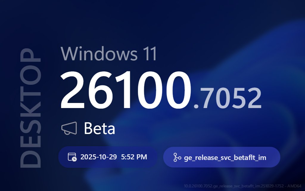 ProtoBuildBot's tweet image. 🔄 🖥  New DESKTOP update! 💍 Beta (AMD64)

➡️ Title:
Windows 11 Insider Preview Feature Update (26220.7052)

📣 Build Lab Extended:
10.0.26100.7052 (ge_release_svc_betaflt_im.251029-1752)