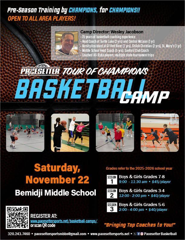 🏀 The Pacesetter Tour of Champions hits Bemidji Middle School on Sat, Nov 22!
Train with elite coach Wesley Jacobson (23 yrs of championship experience).
Boost your skills, confidence &amp; love for the game — spots are filling fast! pacesettersports.net/basketball-cam…