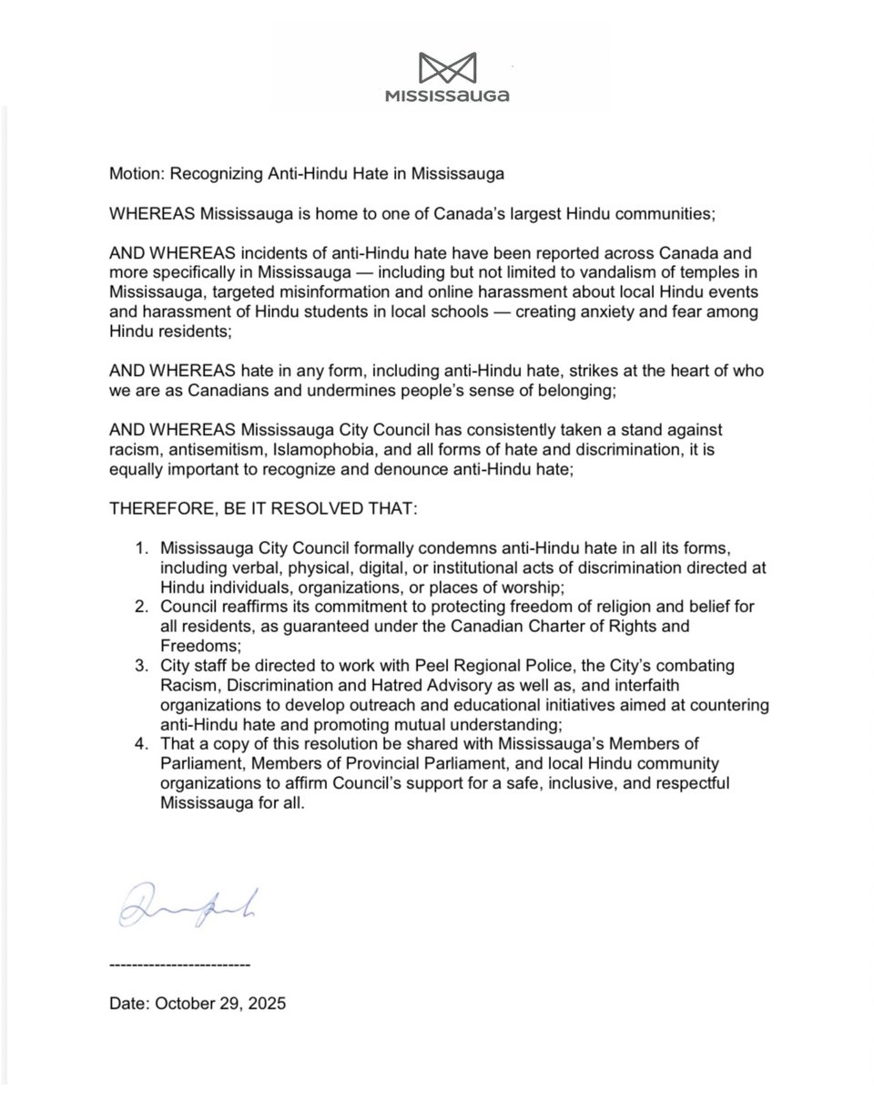 CoHNACanada's tweet image. BREAKING🚨: Mississauga City Council has unanimously passed a resolution condemning Hinduphobia. This is a major milestone since Mississauga is the second Canadian city to take this stand and offer public reassurance to its Hindu minority. It is a huge relief coming after years…
