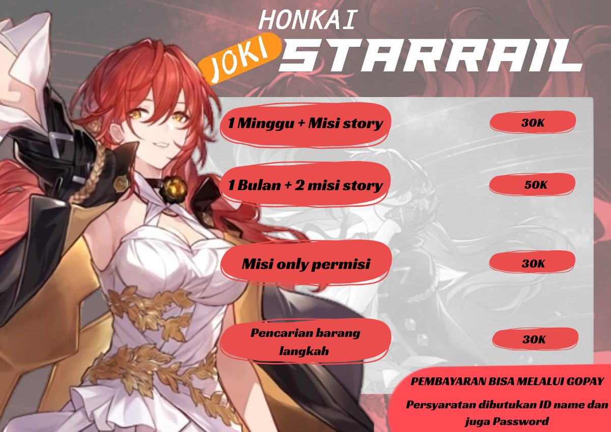 Joki Game Honkai Star Rail sudah tersedia!

Buat kalian yang ga ada waktu buat Explore Honkai Star Rail Langsung aja joki kimber_ray Dikerjakan oleh ownernya yg sudah berpengalaman, dijamin aman dan murah 

Ordernya di DM saja

Pembayaran bisa ke Gopay