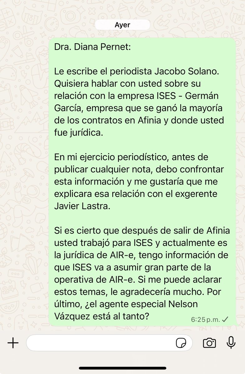 En mi ejercicio periodístico, antes de publicar cualquier nota, trato de  confrontar la información. Le escribí a la doctora Diana Pernet, quien no  respondió a mi solicitud. Es importante que la señora