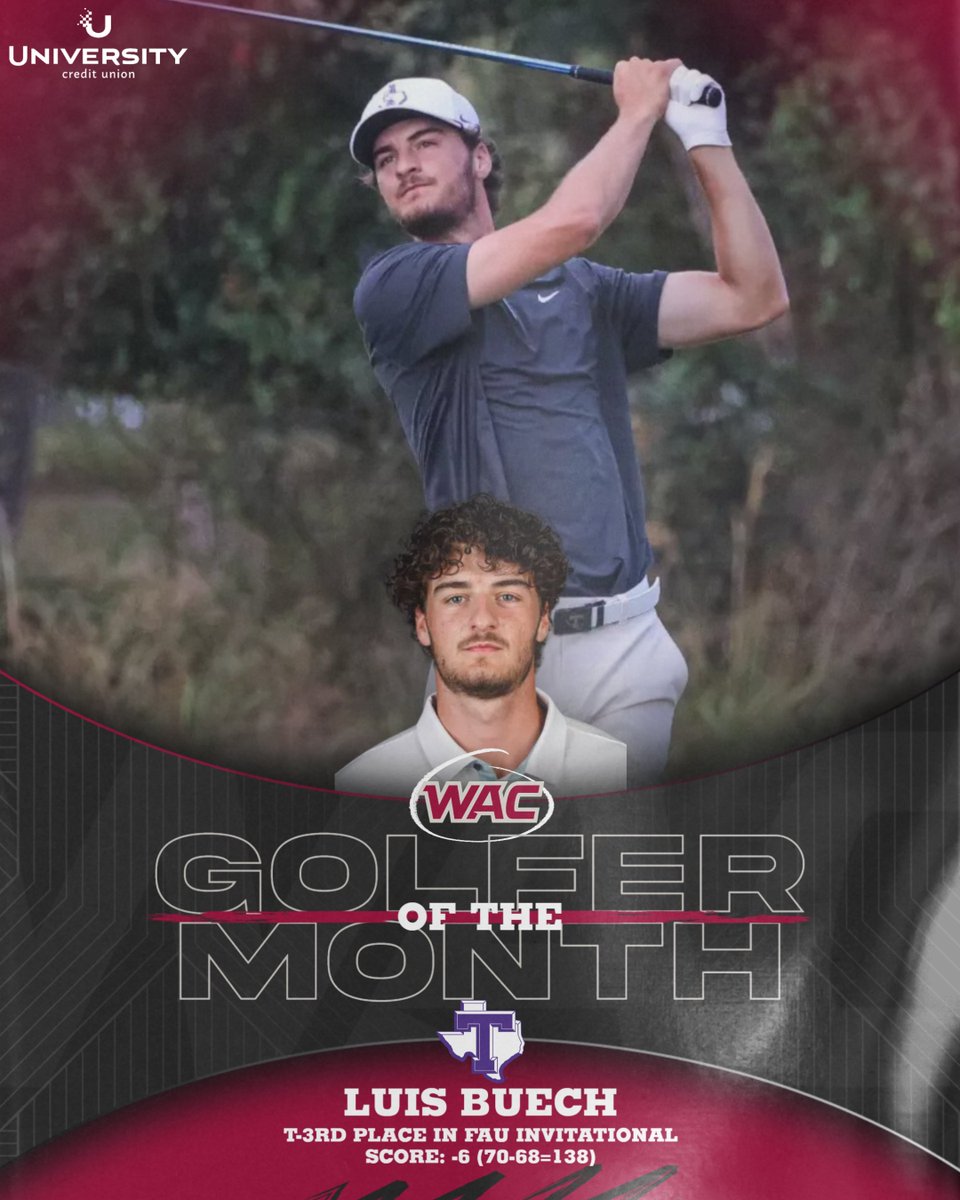 WACsports's tweet image. #WACmgolf Co-Golfer of the Month presented by
@UCU_LA ⛳️

Luis Buech | @TarletonMGolf