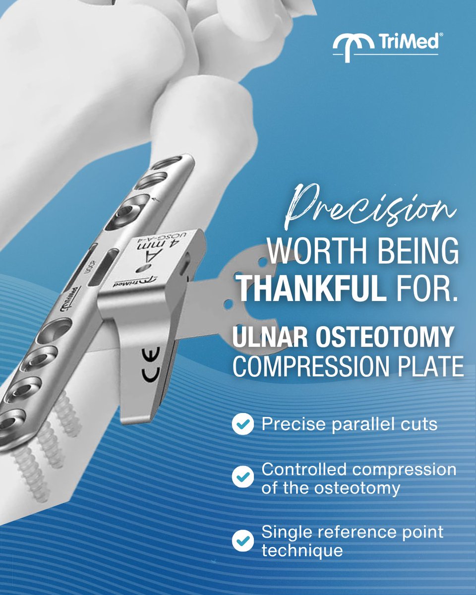 The TriMed Ulnar Osteotomy Compression Plate merges the plate, cutting guides, and compression tool for reproducible accuracy.

That’s precision surgeons — and patients — can count on. 💪 

#Orthopedics #SurgicalInnovation #TriMedOrtho #GratefulSeries #SurgeonConfidence