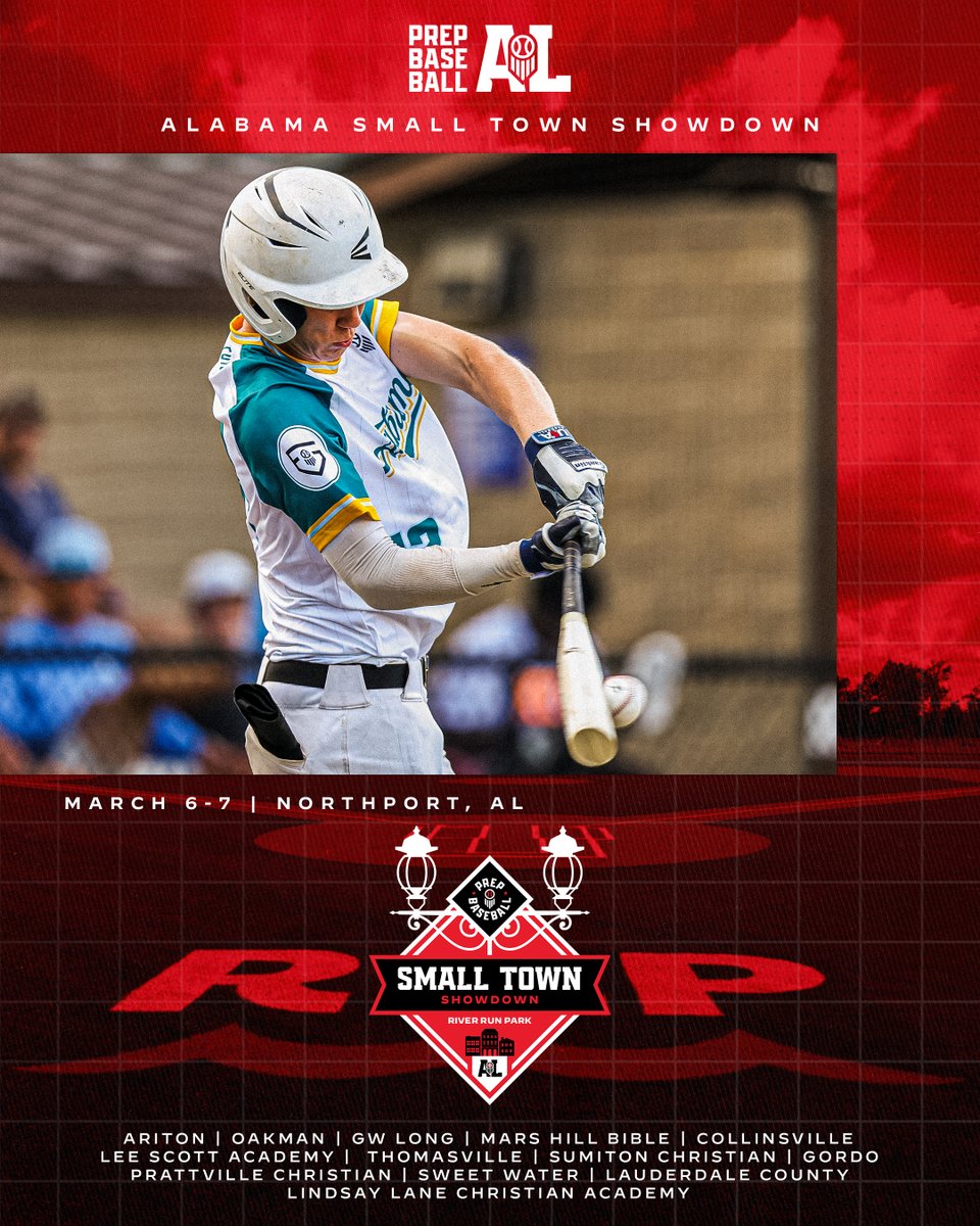 PrepBaseballAL's tweet image. 𝟐𝟎𝟐𝟔 𝐏𝐁 𝐀𝐥𝐚𝐛𝐚𝐦𝐚 𝐒𝐦𝐚𝐥𝐥𝐭𝐨𝐰𝐧 𝐒𝐡𝐨𝐰𝐝𝐨𝐰𝐧 🏠

The 2026 Smalltown Showdown returns for Year 2️⃣, showcasing 13 of the top Class 3A-1A programs in Alabama.

📅: March 6-7, 2026
📍: River Run Park | Northport, AL

Find more information, including teams &amp;amp;…