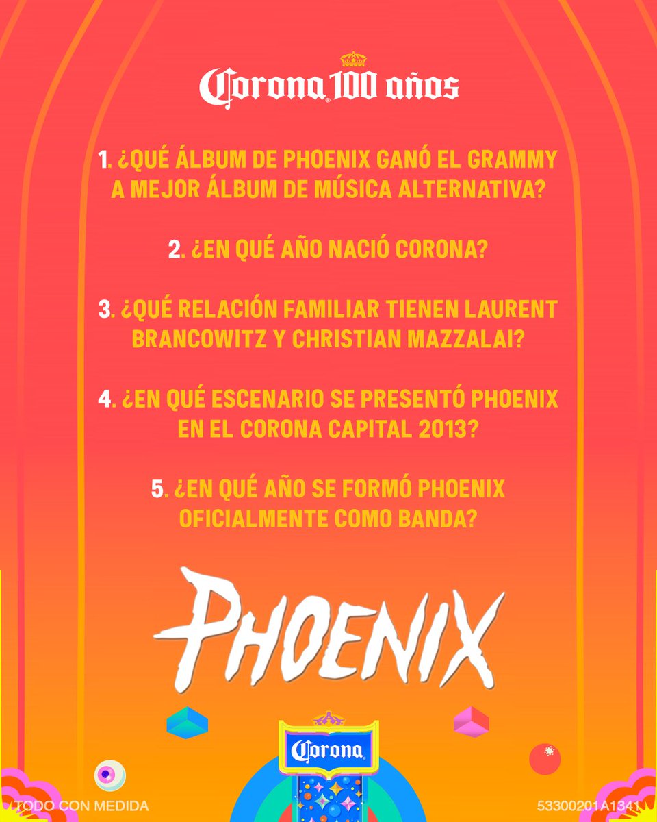 Corona_MX's tweet image. ¡Atención, fans! 🚨
Los últimos boletos para el concierto privado de Phoenix están aquí 🎟️
Participa:
1️⃣ Da like ❤️ y RT 🔁
2️⃣ Responde las preguntas usando el HT #Corona100Años
¡Los primeros 100 en contestar correctamente y cumplir la dinámica ganan un pase doble! 👑