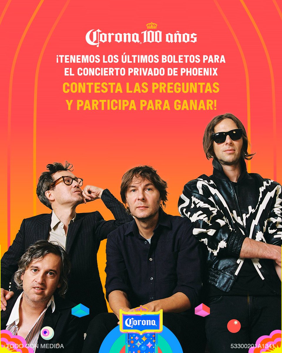 Corona_MX's tweet image. ¡Atención, fans! 🚨
Los últimos boletos para el concierto privado de Phoenix están aquí 🎟️
Participa:
1️⃣ Da like ❤️ y RT 🔁
2️⃣ Responde las preguntas usando el HT #Corona100Años
¡Los primeros 100 en contestar correctamente y cumplir la dinámica ganan un pase doble! 👑