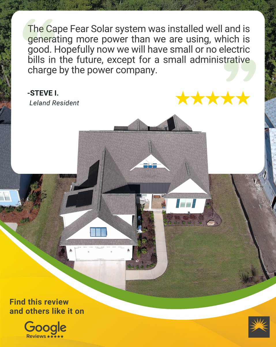 CapeFearSolar's tweet image. Enjoy lower — or even negative — electric bills when you make the switch to solar. Thank you, Steve, for the kind review!

#customerreview #solarreview #solarcompany #solarinstallation #lowerelectricbills