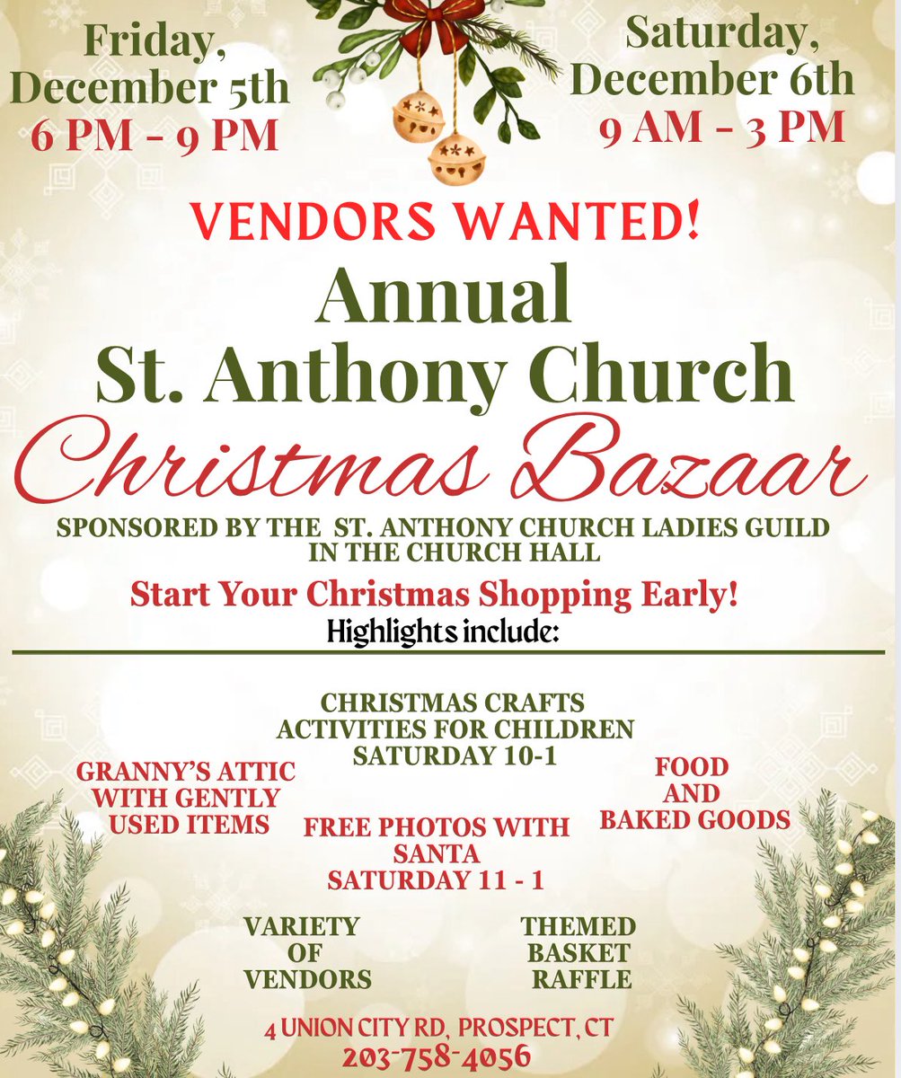StAProspectCT's tweet photo. Please share with anyone who may be interested! We are looking for vendors for our annual Christmas Bazaar! If interested, please call the parish office - 
203–758–4056. https://t.co/LF0WnjMtcX