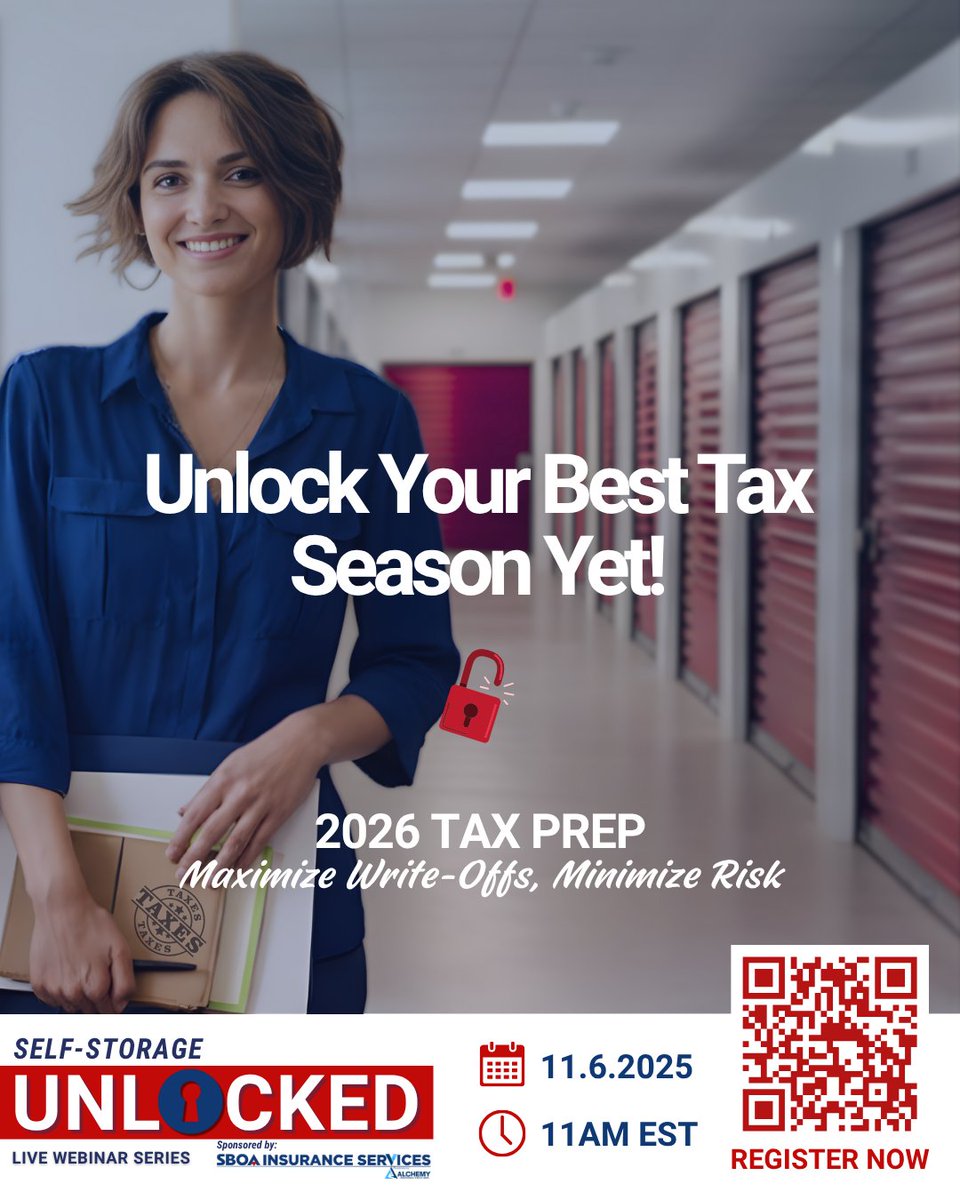 Tax season doesn’t have to be scary!
Not when you can learn strategies from the industry's top experts on how to maximize write-offs and minimize risk for your self-storage business.

🗓️ Thursday, Nov. 6 | 11 AM EST
Get ahead of the game. Register today! thesboa.com/ssu-11-6-regis…