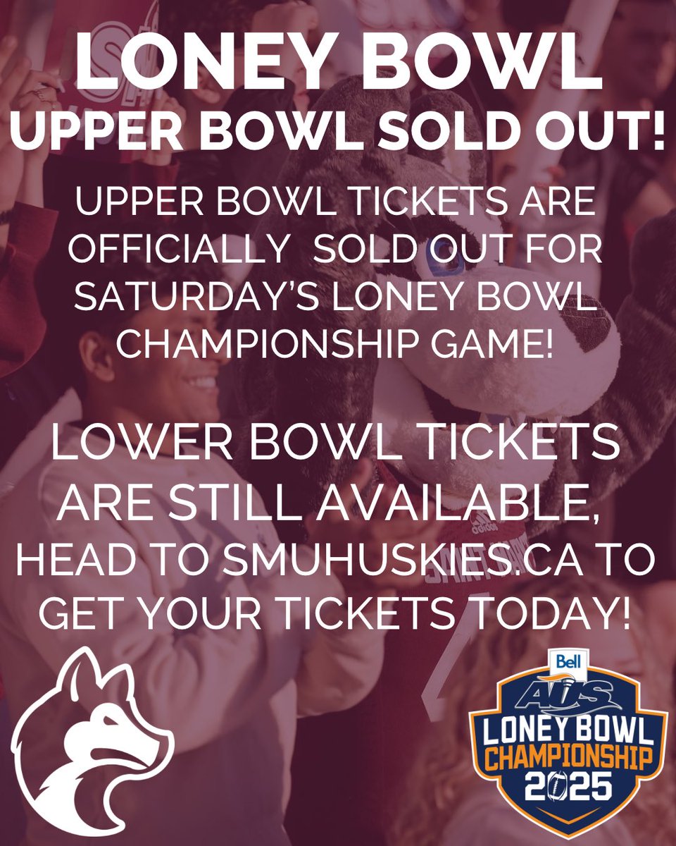 SMUHuskies's tweet image. 🎟️ TICKETING UPDATE 🎟️

We have officially sold out the Upper Bowl for Saturday’s Loney Bowl Championship Game!

Lower Bowl tickets are still available, but selling fast! Get your tickets now by heading to SMUHuskies.ca or the following link: universe.com/events/aus-lon…