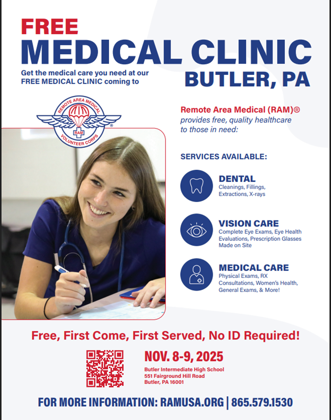 The Free Medical Clinic is in Butler this weekend!

Remote Area Medical (RAM)
November 8th and 9th
Butler Intermediate High School
551 Fairground Hill Road
Butler, PA 16001
ramusa.org/events/butler-…