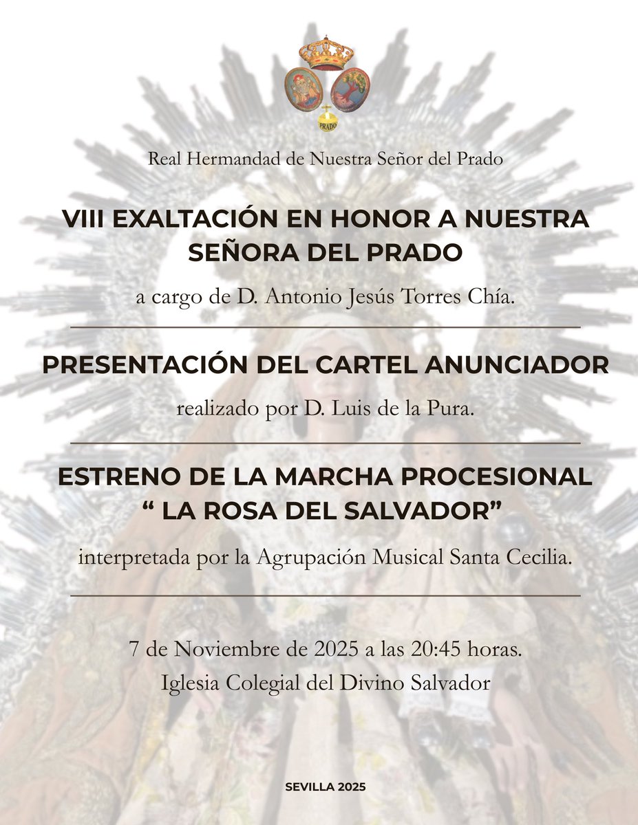 #ACTOS| Presentación del cartel de la salida procesional, VIII Exaltación y estreno de la marcha “La Rosa del Salvador”.

🗣️ Antonio Jesús Torres Chía
🖼️ Luis de la Pura
🎼 Agrupación Musical Santa Cecilia

🗓️ 7 de noviembre de 2025 a las 20:45h
⛪️ Colegial del Divino Salvador