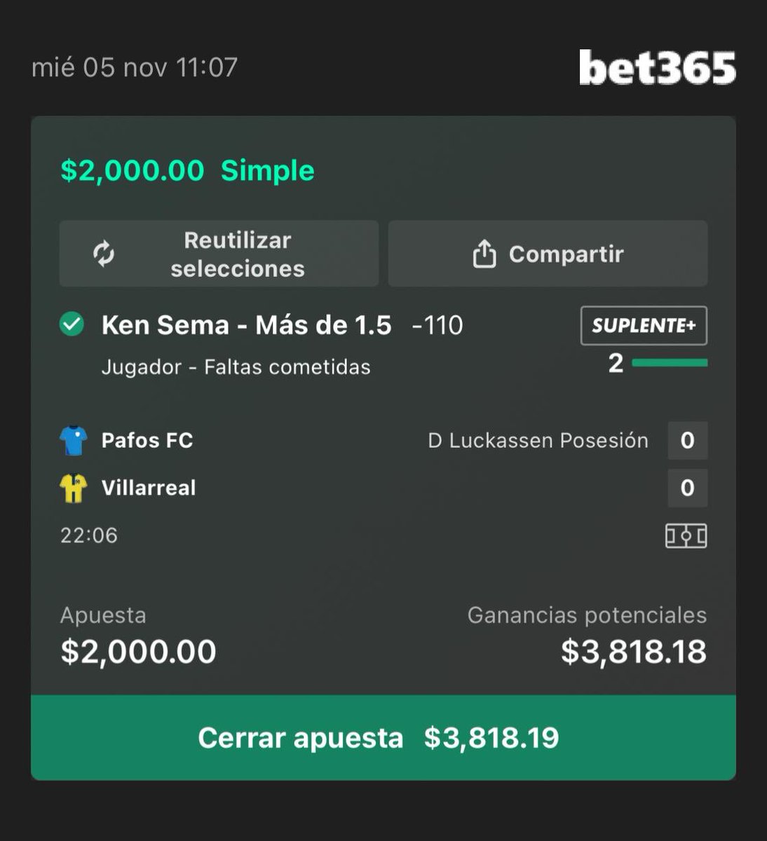 En 20 minutos de juego cobramos la primera 🤑

Ken Sema over 1.5 faltas (-110) ✅

Las dos faltas de las hizo a Nicolás Pepe 

Nicolás Pepe over 1.5 faltas recibidas (+100) ✅

(+240) ambos Picks combinados ✅