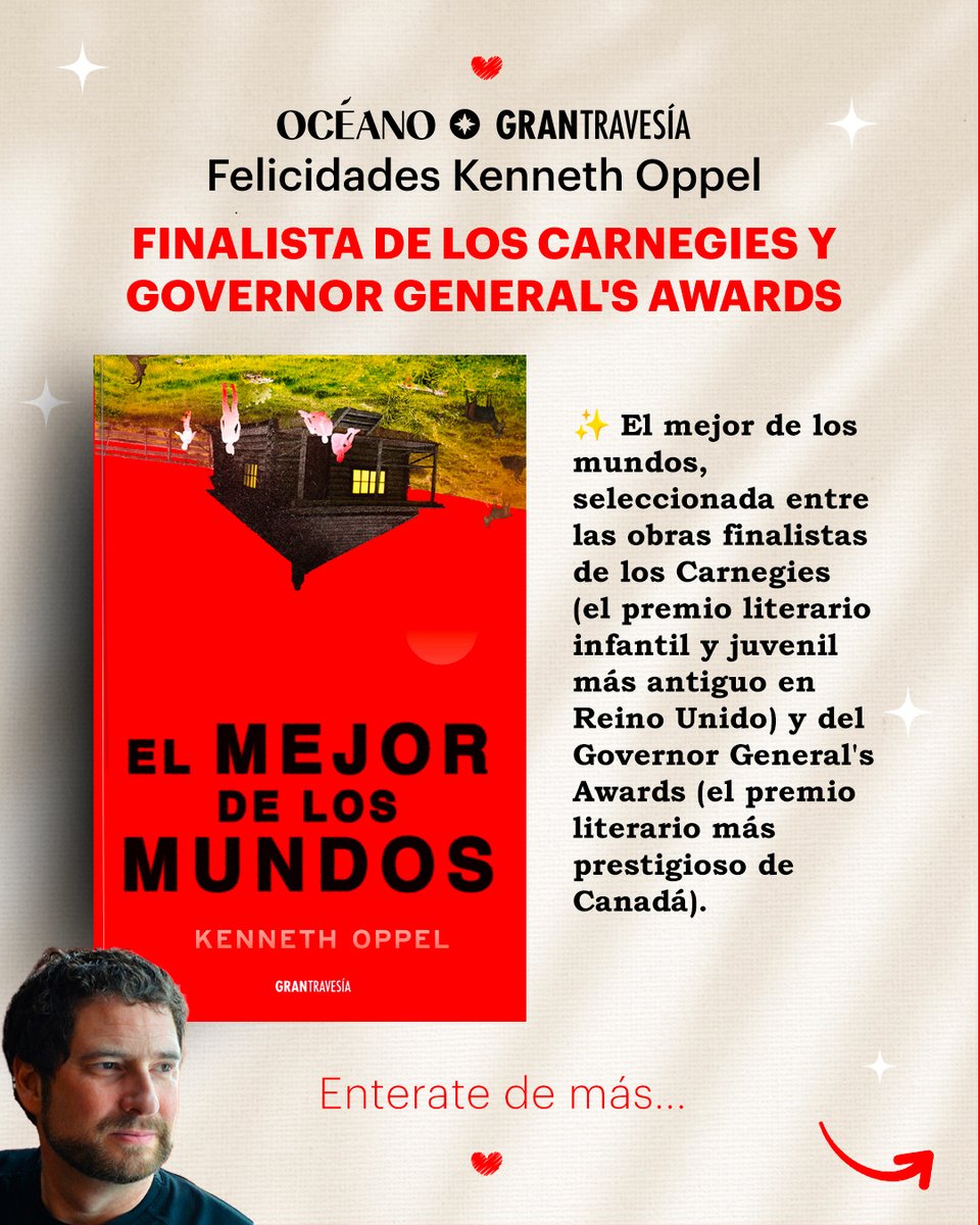 ✨ ¡Orgullo editorial!
 Kenneth Oppel es finalista de los prestigiosos Carnegies (Reino Unido) y Governor General’s Awards (Canadá) con El mejor de los mundos.
Una historia poderosa sobre libertad, control y convivencia que confirma su lugar entre las grandes voces juveniles.