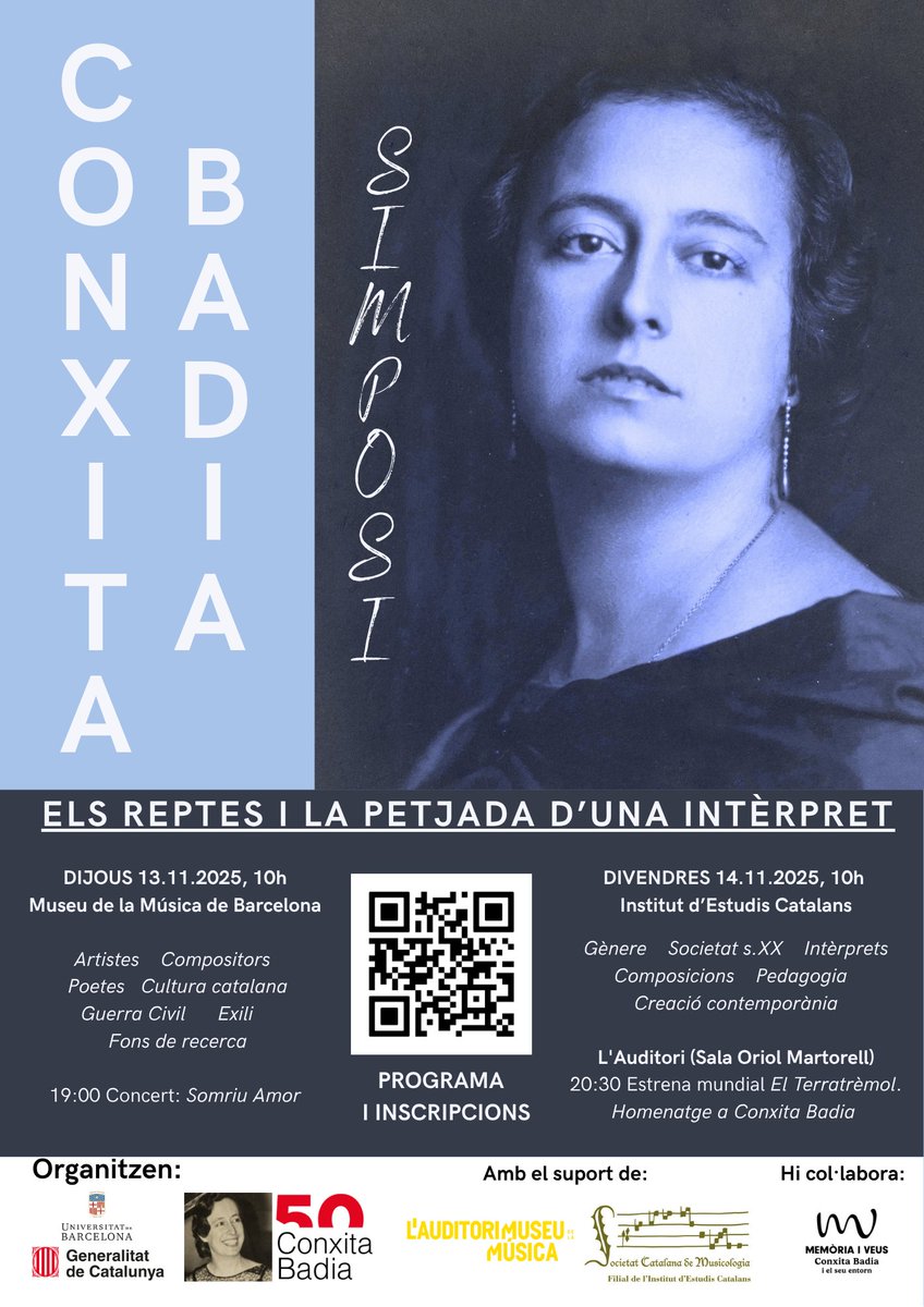 La #recerca és un eix crucial de l'#AnyConxitaBadia.

✅Els dies 13 i 14 de novembre celebrem el simposi acadèmic sobre els reptes i la petjada de #ConxitaBadia al <a href="/museumusicabcn/">Museu de la Música de Barcelona</a> i a l'<a href="/iec/">IEC</a>.
 
💡Consulta'n el programa i INSCRIU-T'HI AQUÍ🖱️ conxitabadia.wordpress.com/2025/10/18/pro…