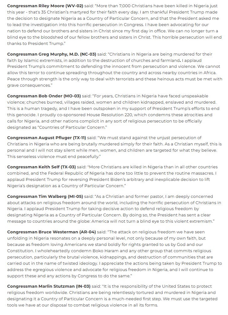 AsiaBuggar's tweet photo. Wow, this is incredible! Look at ALL of these members of Congress speaking together to stand up for persecuted Christians in Nigeria! 🇳🇬
I really ENCOURAGE you to read every one of their statements.

America 🇺🇸 STANDS WITH the people of Nigeria against this persecution! https://t.co/I0zJHAN59P