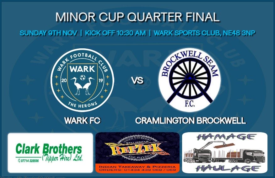 Minor Cup Quarter Final this Sunday as we face <a href="/BrockwellSeamFC/">Cramlington Brockwell FC</a> for a spot in the last 4! 🏆