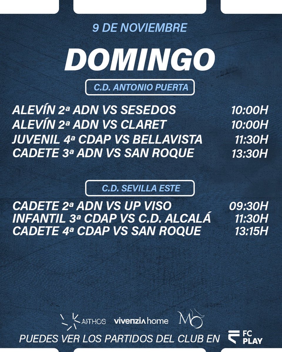 ¡𝐇𝐨𝐫𝐚𝐫𝐢𝐨𝐬 𝐝𝐞 𝐥𝐨𝐬 𝐩𝐚𝐫𝐭𝐢𝐝𝐨𝐬 𝐞𝐧 𝐜𝐚𝐬𝐚 𝐝𝐞 𝐥𝐚 𝐬𝐞𝐦𝐚𝐧𝐚! ➡️ 8 al 9 de noviembre 

🔥 Nuestro Alevín 3ª Andaluza CDAP se enfrenta al Sevilla FC. ¡Tenemos un equipazo con muchas ganas de seguir demostrando su nivel!

🤝🏻💙 ¡Os necesitamos, afición!