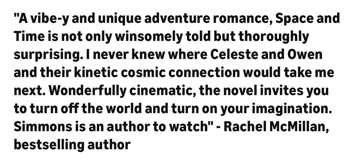 This quote from <a href="/rachkmc/">rachel mcmillan 🇨🇦</a> about my forthcoming book Space and Time genuinely caught me off guard.

She made me want to read my own book again, and I’ve already read it like ten times!

I am grateful to have such thoughtful and kind people encouraging my writing.